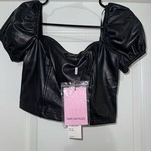 Avec Les Filles Black Faux Leather Crop Top